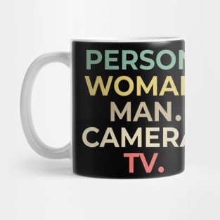 person woman man camera tv Mug